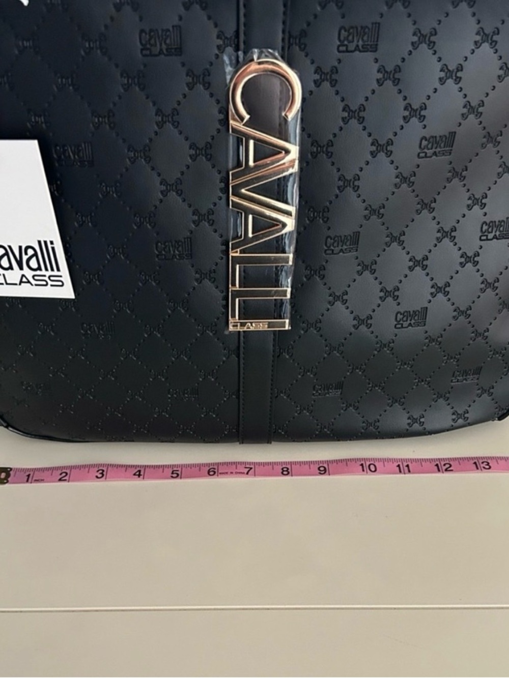 NWT Cavalli Class Sandra Shopper Tote Bag Black Deboss with Gold Hardware - Picture 7 of 13